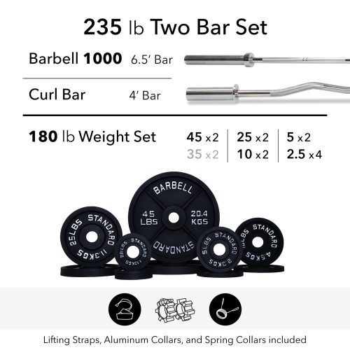 180 lb 1000 curl bar alum bar weight set straps