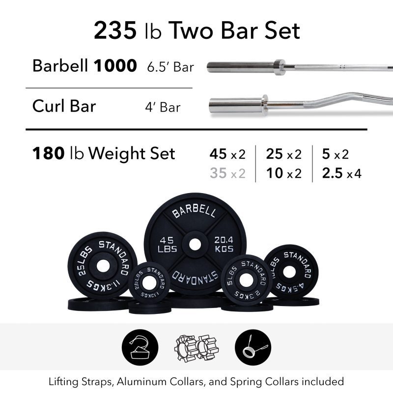 180 lb 1000 curl bar alum bar weight set straps