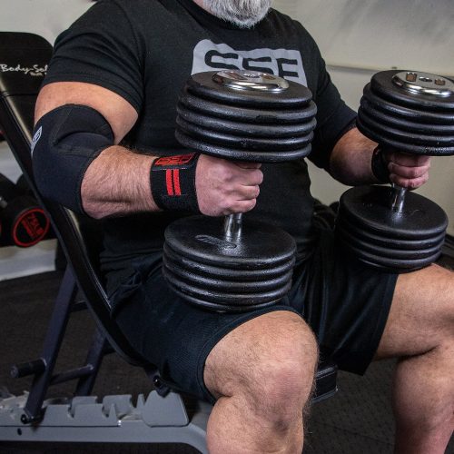 Elbow Sleeves Wrist Wraps Chad with dumbbells Feb 2021 1