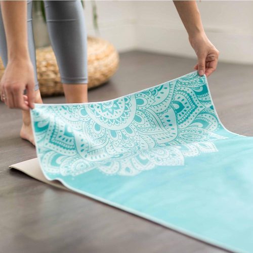 yoga mat towel mandala turquoise ultra grippy moisture absorbing and quick dry yoga design lab 5