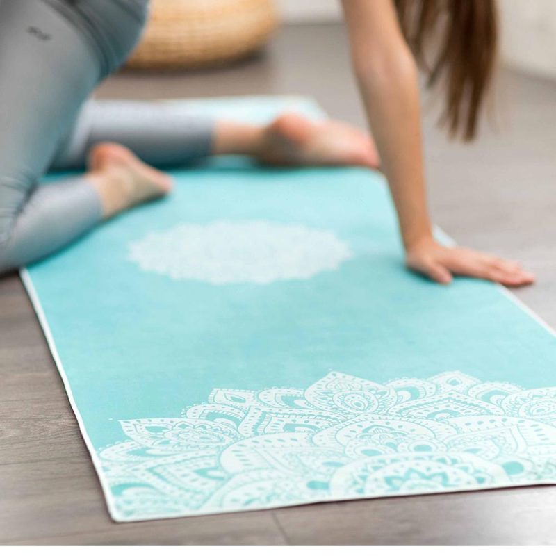 yoga mat towel mandala turquoise ultra grippy moisture absorbing and quick dry yoga design lab 6