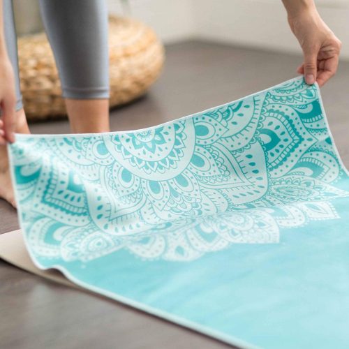 yoga mat towel mandala turquoise ultra grippy moisture absorbing and quick dry yoga design lab 7