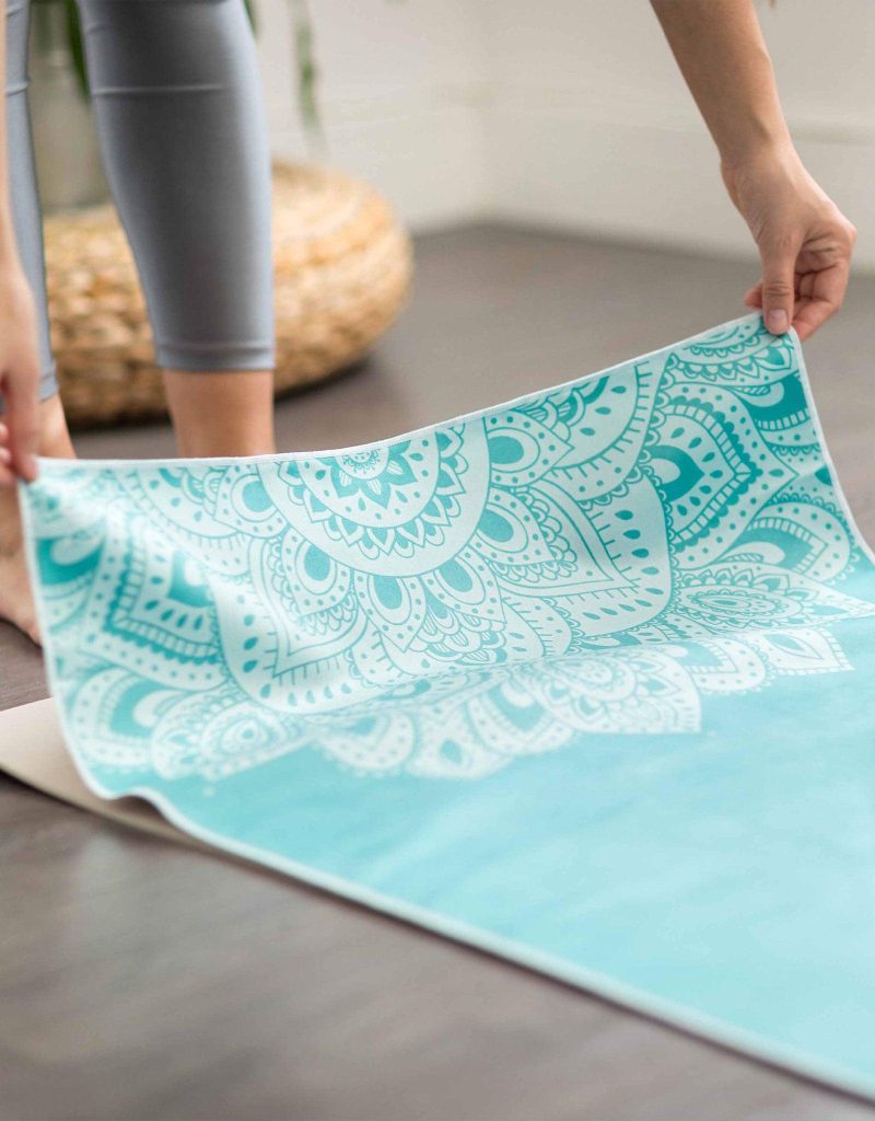 yoga mat towel mandala turquoise ultra grippy moisture absorbing and quick dry yoga design lab 7